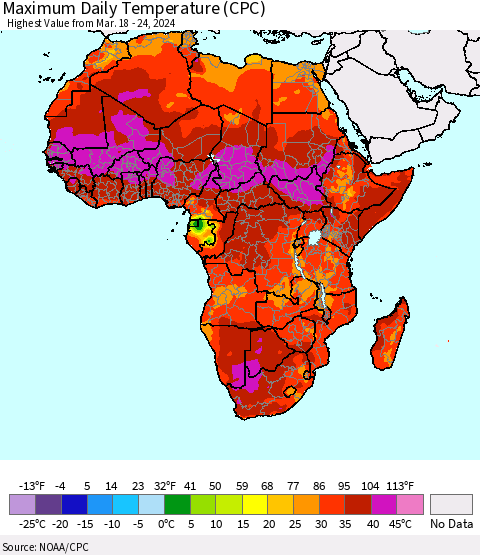 Africa Maximum Daily Temperature (CPC) Thematic Map For 3/18/2024 - 3/24/2024