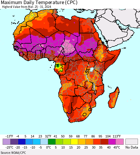 Africa Maximum Daily Temperature (CPC) Thematic Map For 3/25/2024 - 3/31/2024