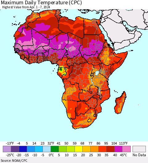 Africa Maximum Daily Temperature (CPC) Thematic Map For 4/1/2024 - 4/7/2024