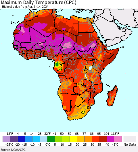 Africa Maximum Daily Temperature (CPC) Thematic Map For 4/8/2024 - 4/14/2024