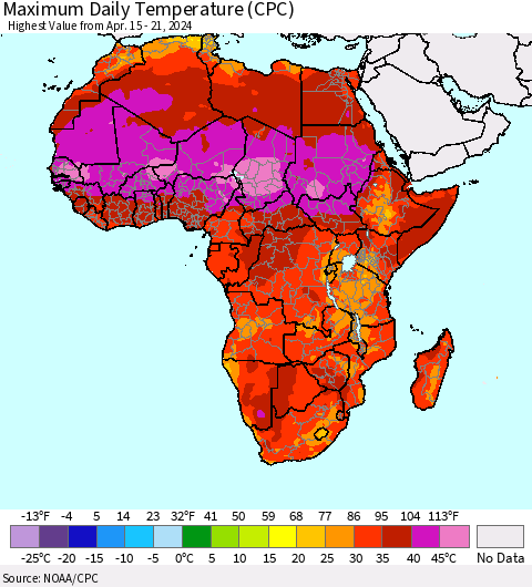 Africa Maximum Daily Temperature (CPC) Thematic Map For 4/15/2024 - 4/21/2024