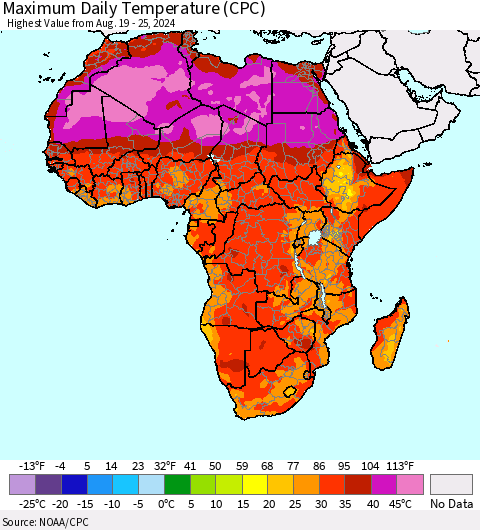 Africa Maximum Daily Temperature (CPC) Thematic Map For 8/19/2024 - 8/25/2024