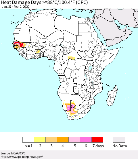 Africa Heat Damage Days >=38°C/100°F (CPC) Thematic Map For 1/27/2020 - 2/2/2020
