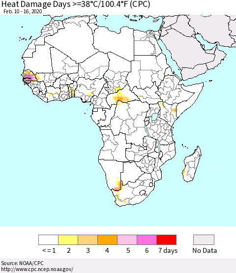 Africa Heat Damage Days >=38°C/100°F (CPC) Thematic Map For 2/10/2020 - 2/16/2020