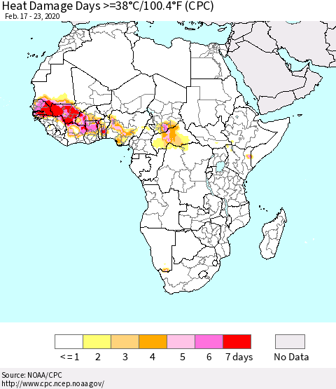 Africa Heat Damage Days >=38°C/100°F (CPC) Thematic Map For 2/17/2020 - 2/23/2020