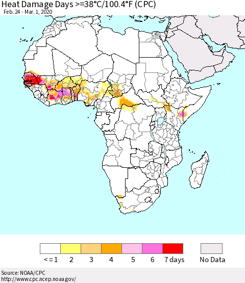 Africa Heat Damage Days >=38°C/100°F (CPC) Thematic Map For 2/24/2020 - 3/1/2020