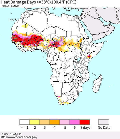 Africa Heat Damage Days >=38°C/100°F (CPC) Thematic Map For 3/2/2020 - 3/8/2020