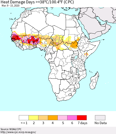 Africa Heat Damage Days >=38°C/100°F (CPC) Thematic Map For 3/9/2020 - 3/15/2020