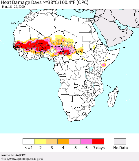 Africa Heat Damage Days >=38°C/100°F (CPC) Thematic Map For 3/16/2020 - 3/22/2020