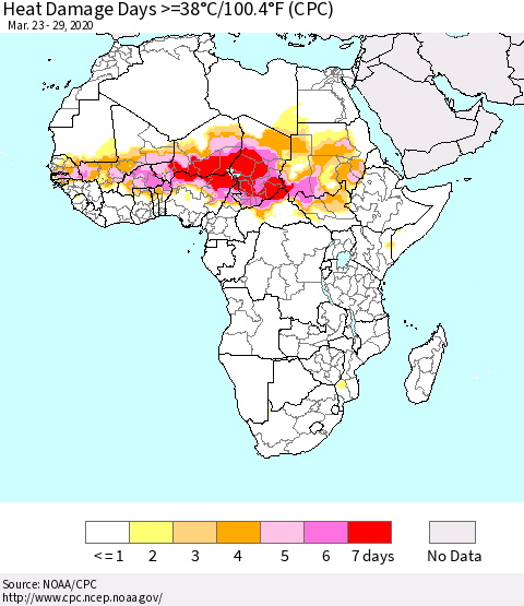 Africa Heat Damage Days >=38°C/100°F (CPC) Thematic Map For 3/23/2020 - 3/29/2020