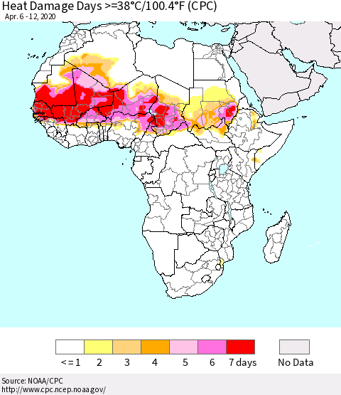 Africa Heat Damage Days >=38°C/100°F (CPC) Thematic Map For 4/6/2020 - 4/12/2020