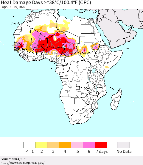 Africa Heat Damage Days >=38°C/100°F (CPC) Thematic Map For 4/13/2020 - 4/19/2020