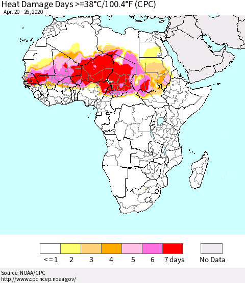 Africa Heat Damage Days >=38°C/100°F (CPC) Thematic Map For 4/20/2020 - 4/26/2020