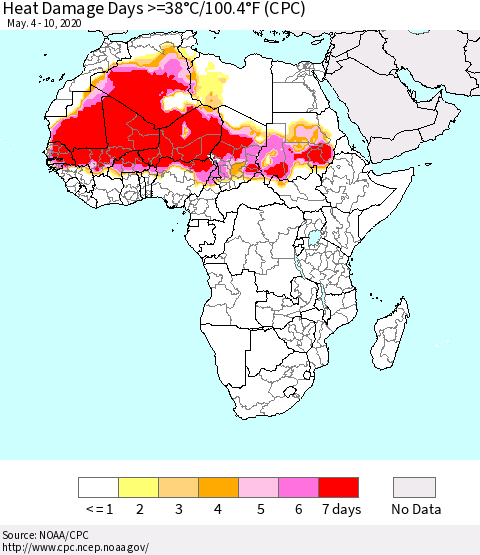 Africa Heat Damage Days >=38°C/100°F (CPC) Thematic Map For 5/4/2020 - 5/10/2020