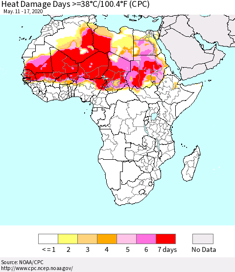 Africa Heat Damage Days >=38°C/100°F (CPC) Thematic Map For 5/11/2020 - 5/17/2020