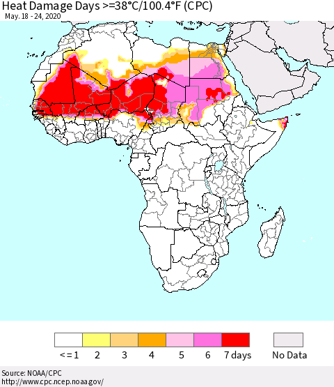 Africa Heat Damage Days >=38°C/100°F (CPC) Thematic Map For 5/18/2020 - 5/24/2020