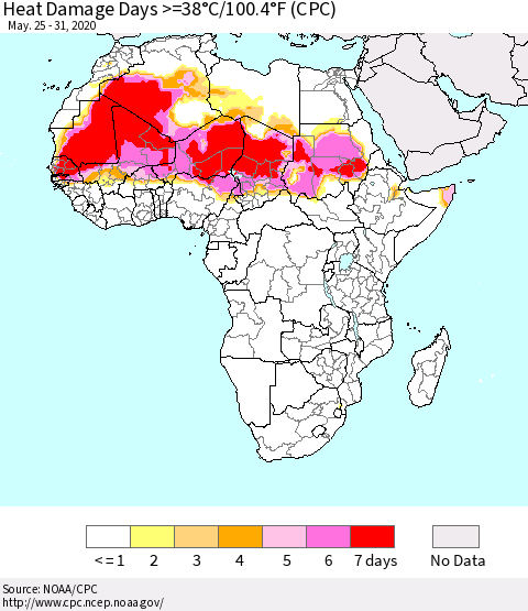 Africa Heat Damage Days >=38°C/100°F (CPC) Thematic Map For 5/25/2020 - 5/31/2020