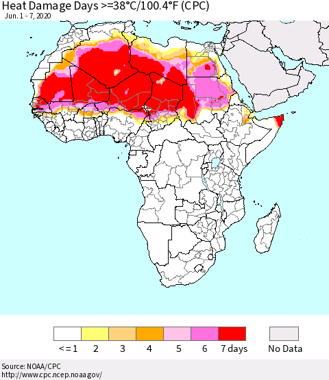Africa Heat Damage Days >=38°C/100°F (CPC) Thematic Map For 6/1/2020 - 6/7/2020