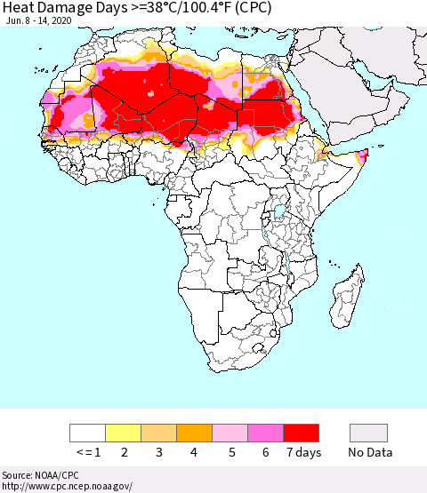 Africa Heat Damage Days >=38°C/100°F (CPC) Thematic Map For 6/8/2020 - 6/14/2020