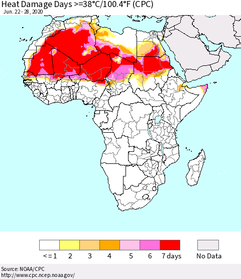 Africa Heat Damage Days >=38°C/100°F (CPC) Thematic Map For 6/22/2020 - 6/28/2020