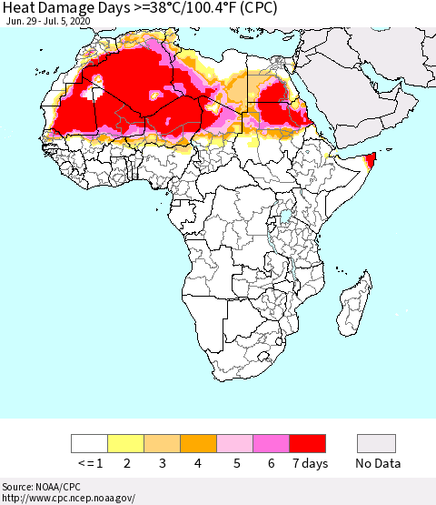 Africa Heat Damage Days >=38°C/100°F (CPC) Thematic Map For 6/29/2020 - 7/5/2020