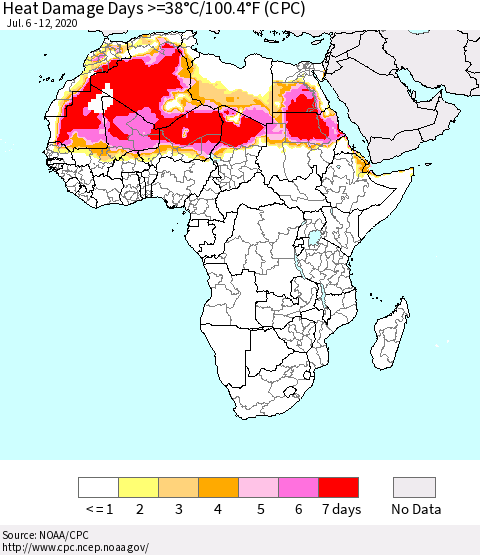 Africa Heat Damage Days >=38°C/100°F (CPC) Thematic Map For 7/6/2020 - 7/12/2020