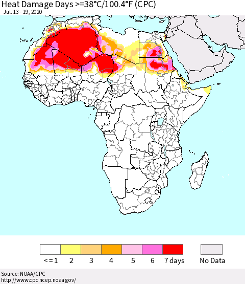 Africa Heat Damage Days >=38°C/100°F (CPC) Thematic Map For 7/13/2020 - 7/19/2020