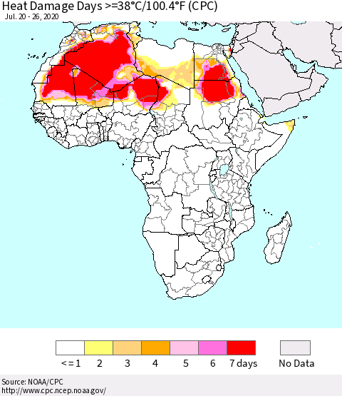Africa Heat Damage Days >=38°C/100°F (CPC) Thematic Map For 7/20/2020 - 7/26/2020