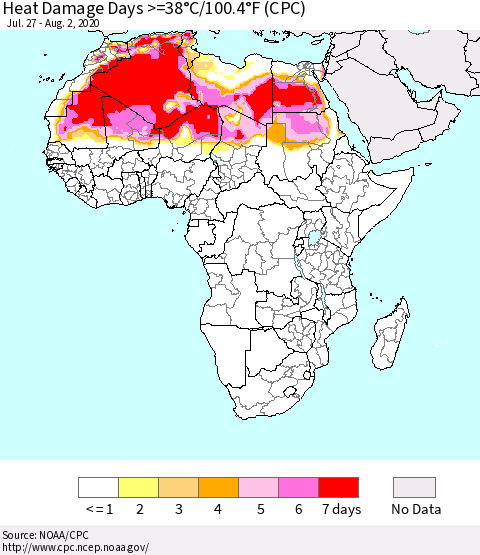 Africa Heat Damage Days >=38°C/100°F (CPC) Thematic Map For 7/27/2020 - 8/2/2020