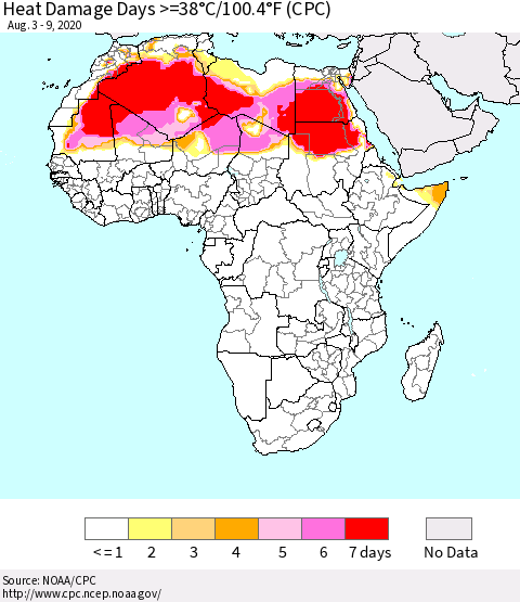 Africa Heat Damage Days >=38°C/100°F (CPC) Thematic Map For 8/3/2020 - 8/9/2020