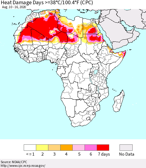 Africa Heat Damage Days >=38°C/100°F (CPC) Thematic Map For 8/10/2020 - 8/16/2020