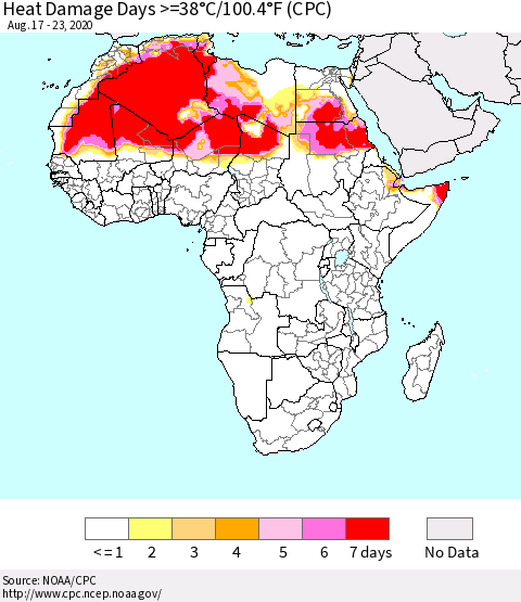 Africa Heat Damage Days >=38°C/100°F (CPC) Thematic Map For 8/17/2020 - 8/23/2020
