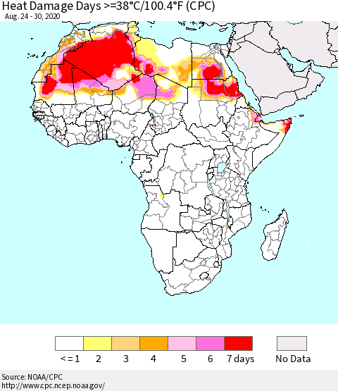 Africa Heat Damage Days >=38°C/100°F (CPC) Thematic Map For 8/24/2020 - 8/30/2020