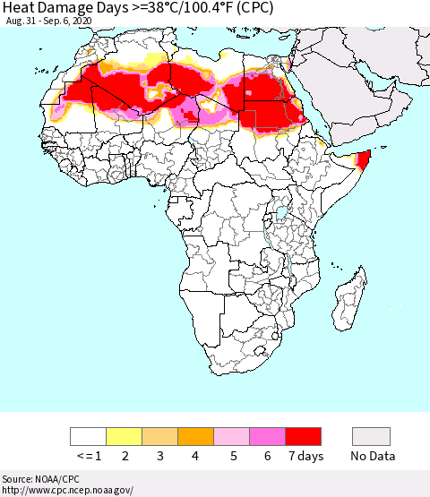 Africa Heat Damage Days >=38°C/100°F (CPC) Thematic Map For 8/31/2020 - 9/6/2020