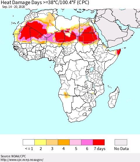 Africa Heat Damage Days >=38°C/100°F (CPC) Thematic Map For 9/14/2020 - 9/20/2020