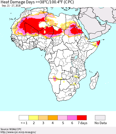 Africa Heat Damage Days >=38°C/100°F (CPC) Thematic Map For 9/21/2020 - 9/27/2020