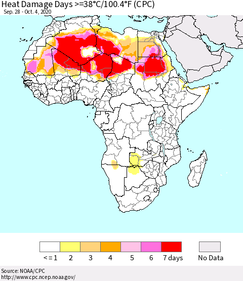 Africa Heat Damage Days >=38°C/100°F (CPC) Thematic Map For 9/28/2020 - 10/4/2020