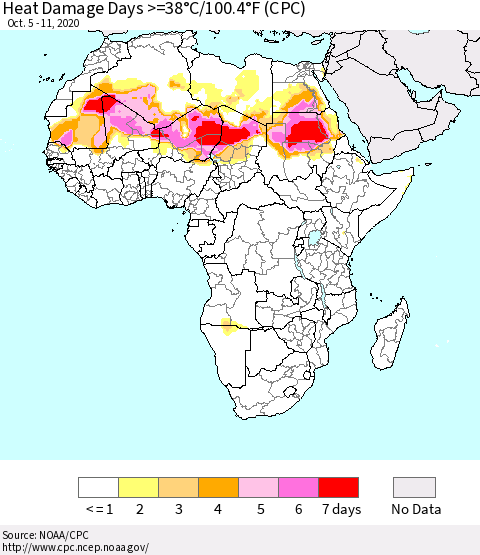 Africa Heat Damage Days >=38°C/100°F (CPC) Thematic Map For 10/5/2020 - 10/11/2020