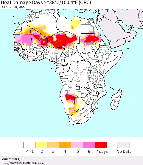 Africa Heat Damage Days >=38°C/100°F (CPC) Thematic Map For 10/12/2020 - 10/18/2020
