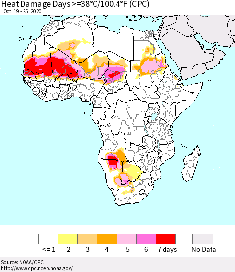 Africa Heat Damage Days >=38°C/100°F (CPC) Thematic Map For 10/19/2020 - 10/25/2020