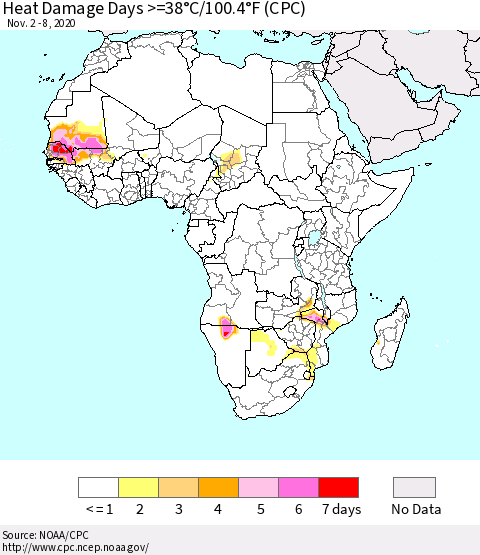 Africa Heat Damage Days >=38°C/100°F (CPC) Thematic Map For 11/2/2020 - 11/8/2020