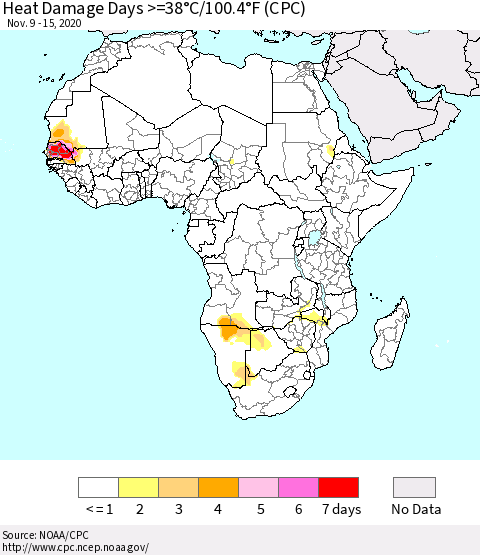 Africa Heat Damage Days >=38°C/100°F (CPC) Thematic Map For 11/9/2020 - 11/15/2020