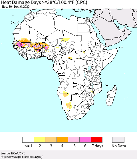 Africa Heat Damage Days >=38°C/100°F (CPC) Thematic Map For 11/30/2020 - 12/6/2020