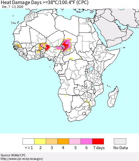 Africa Heat Damage Days >=38°C/100°F (CPC) Thematic Map For 12/7/2020 - 12/13/2020