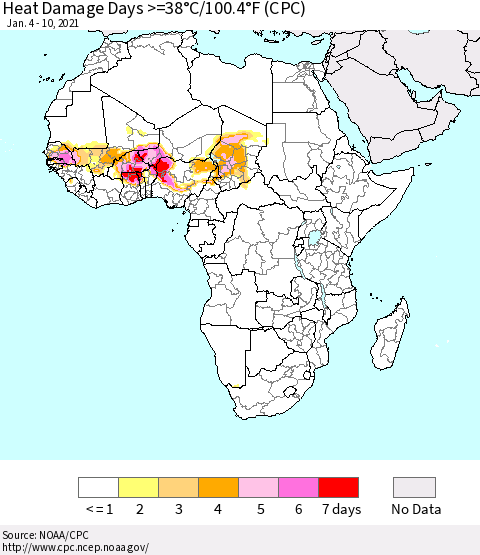 Africa Heat Damage Days >=38°C/100°F (CPC) Thematic Map For 1/4/2021 - 1/10/2021