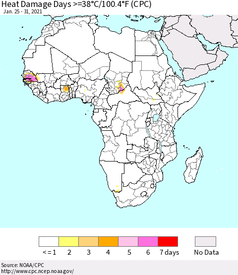 Africa Heat Damage Days >=38°C/100°F (CPC) Thematic Map For 1/25/2021 - 1/31/2021