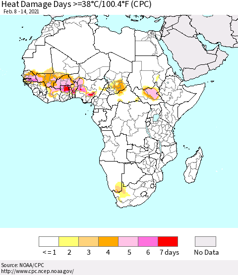 Africa Heat Damage Days >=38°C/100°F (CPC) Thematic Map For 2/8/2021 - 2/14/2021