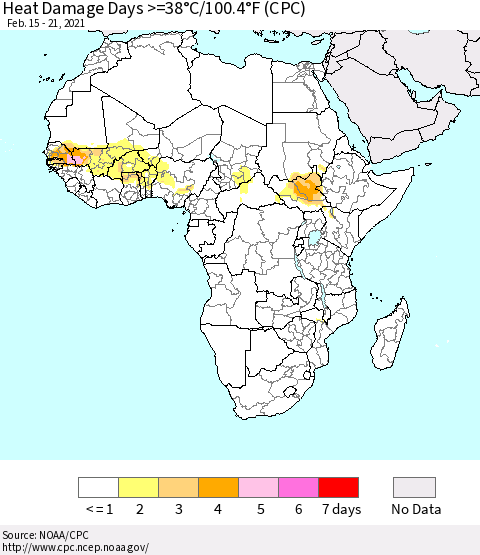 Africa Heat Damage Days >=38°C/100°F (CPC) Thematic Map For 2/15/2021 - 2/21/2021