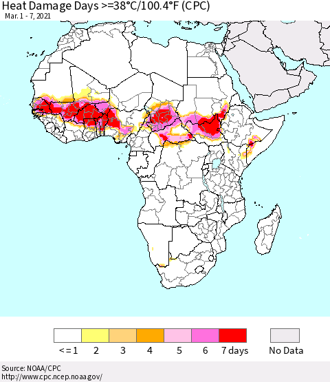 Africa Heat Damage Days >=38°C/100°F (CPC) Thematic Map For 3/1/2021 - 3/7/2021