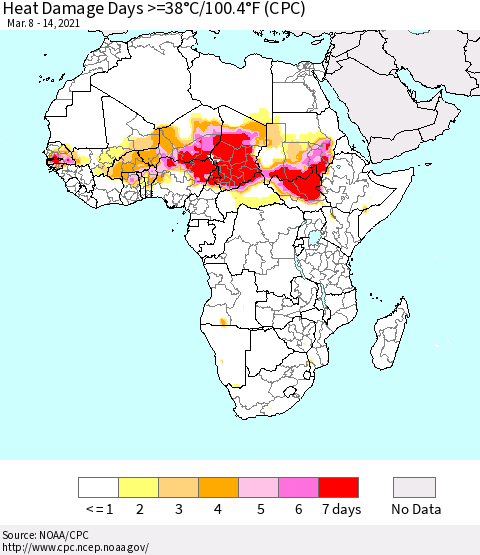 Africa Heat Damage Days >=38°C/100°F (CPC) Thematic Map For 3/8/2021 - 3/14/2021
